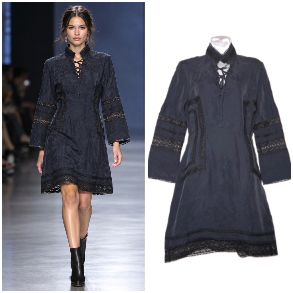 Derek Lam 10 Crosby 100% Silk Victorian Midi Dress Navy Whimsigoth Romantic - 6